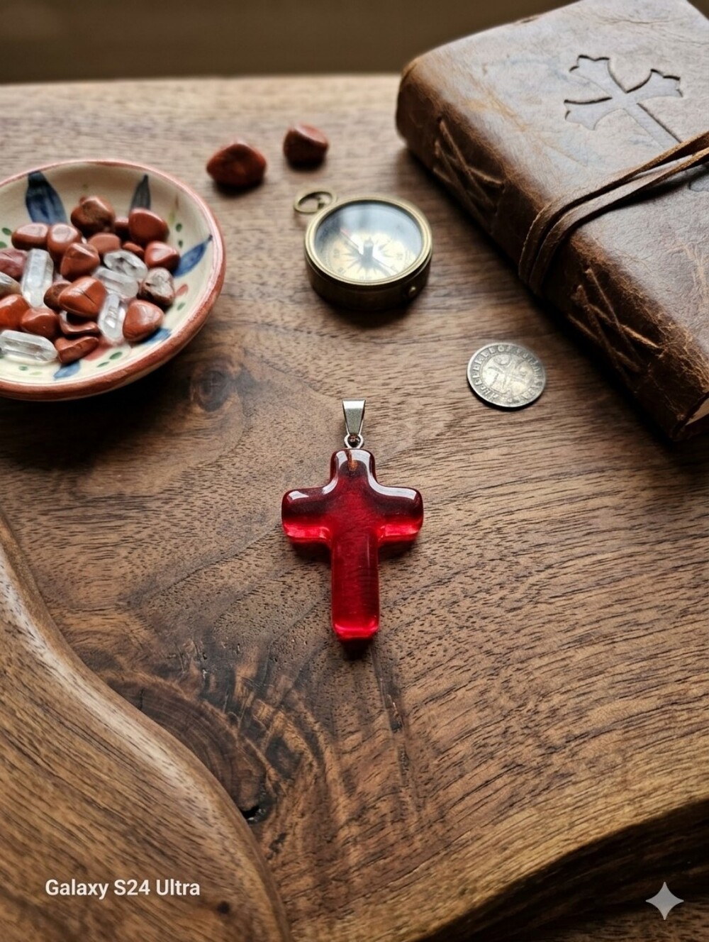 Red Glass Cross Pendant Necklace Includes Cord